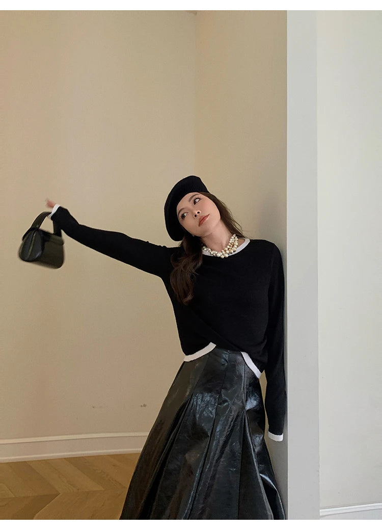 PU Leather Maxi Skirt - High Waist Pleated Black