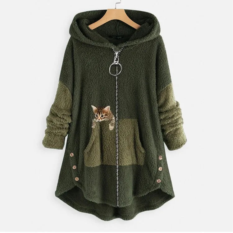 Chaqueta con Capucha Cremallera Mujer Estampado Gato Grueso