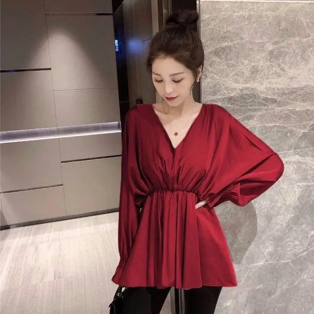 Blusa Chifón Cuello V Pliegues Manga Larga Slim Verano