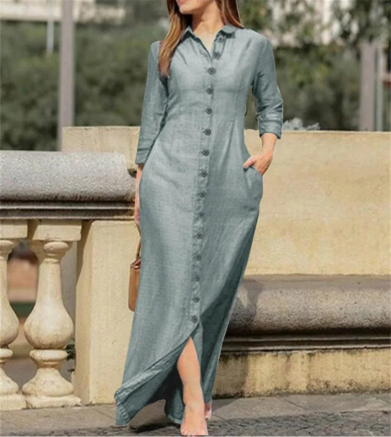 Shirt Dress - Cotton Linen Button Long Sleeve