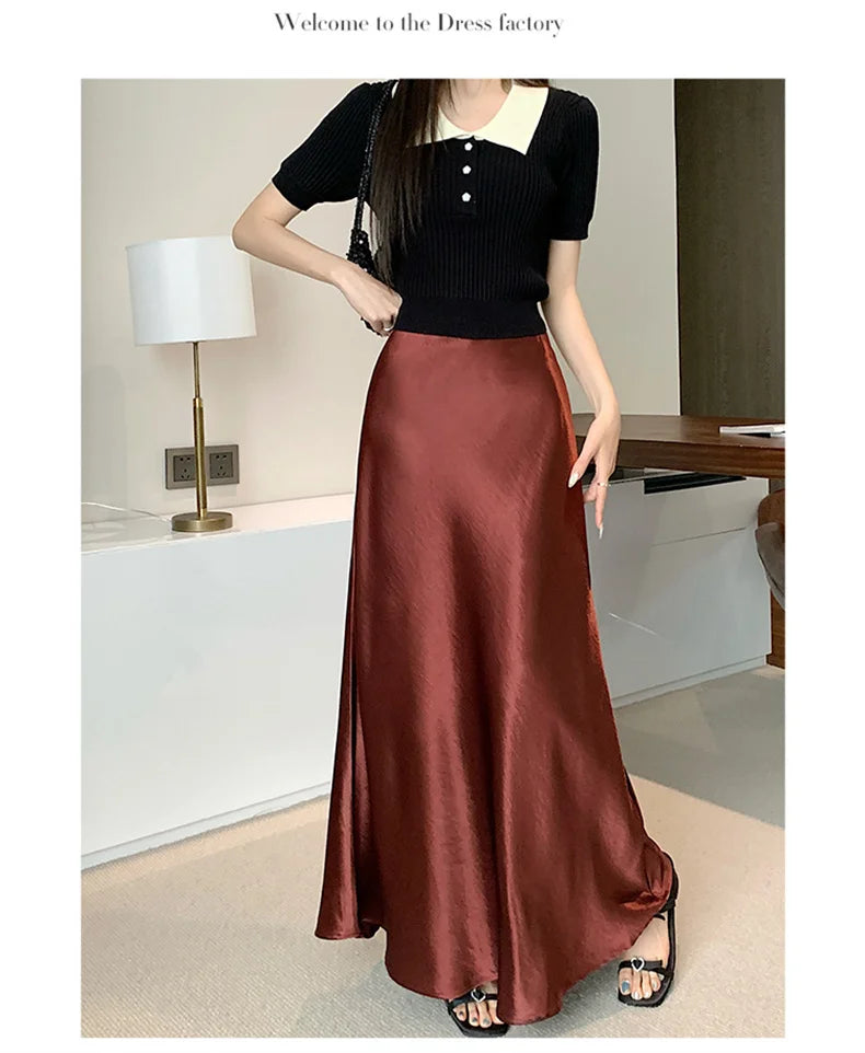 Pink Satin Midi Skirt - High Waist Fishtail Wrap