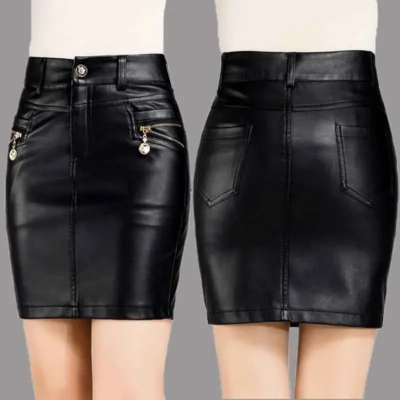 Simplee Sexy high waist PU leather skirt Autumn winter 2017 elegant zipper pocket short women skirt  black  mini skirt