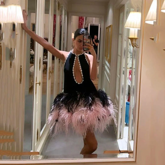 Prom Gown - Crystal Feathers Black Satin