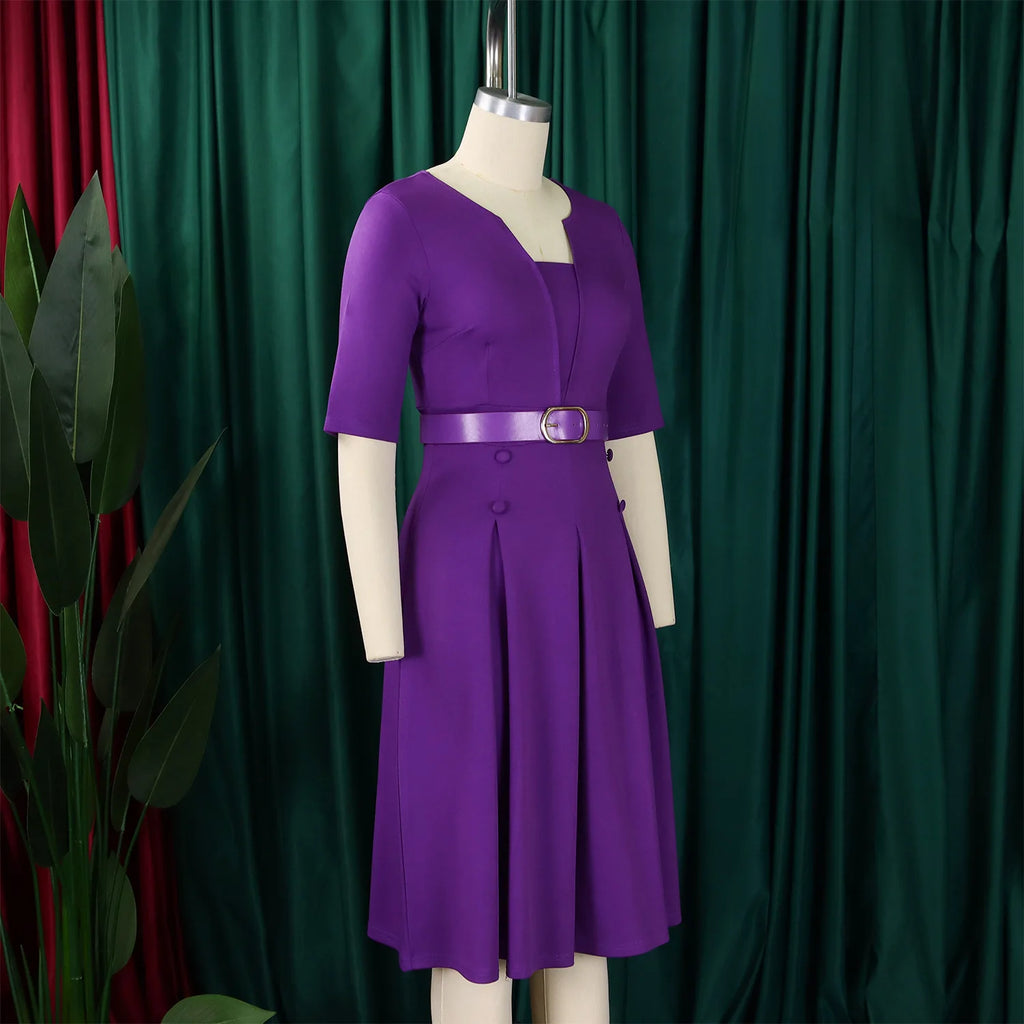 Vestido de Oficina Plisado Escote V Cintura Alta Cinturón Elegante