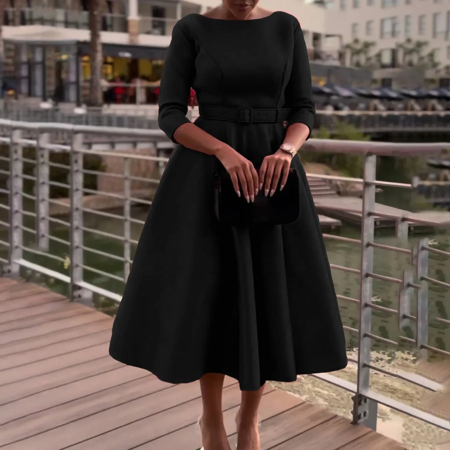 Party Dress - A-Line Belt Three Quarter Sleeve