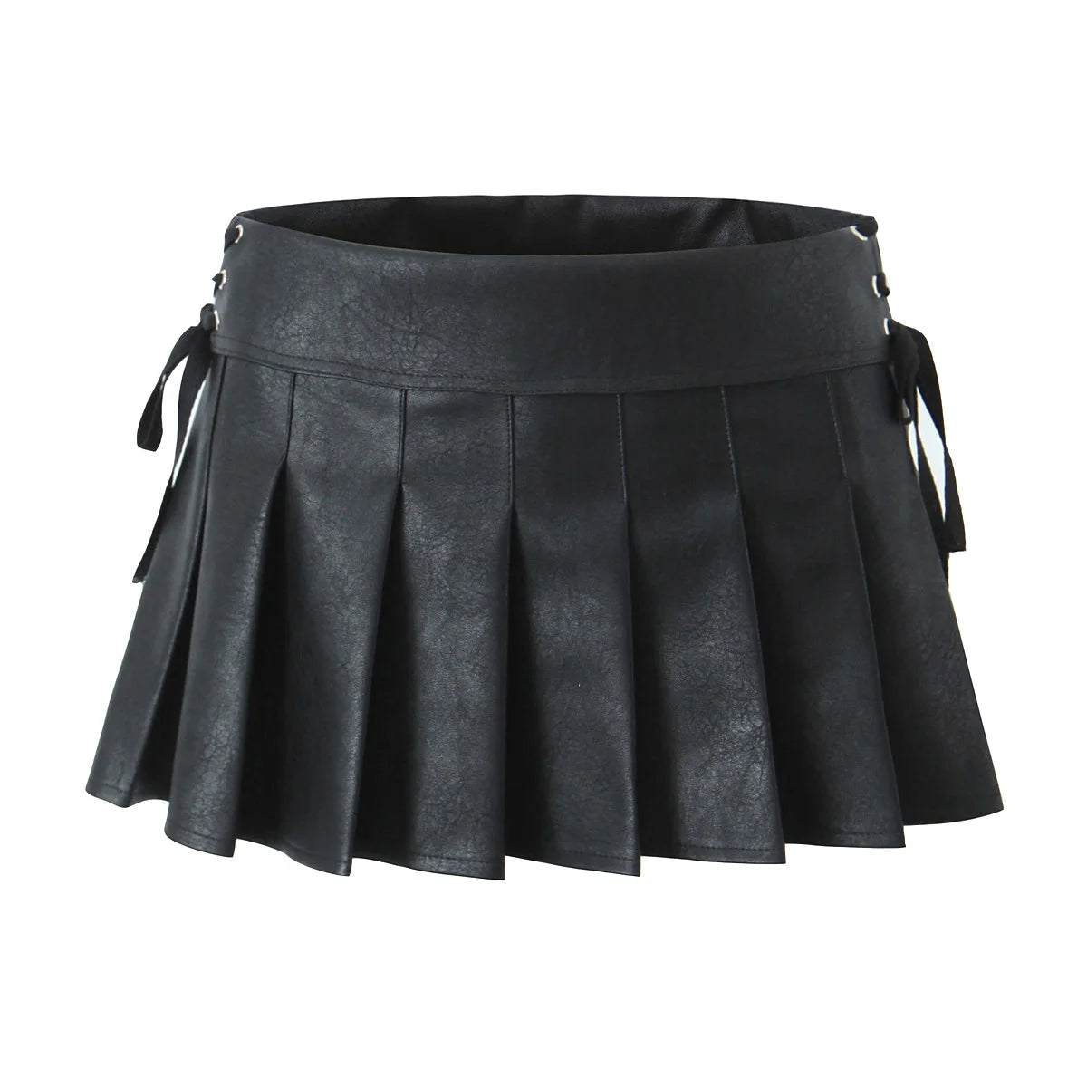 Y2K PU Leather Pleated Mini Skirt With Shorts lining Sexy Metal eyelets Cross Bandage Low Waist Short Skater Coffee Black