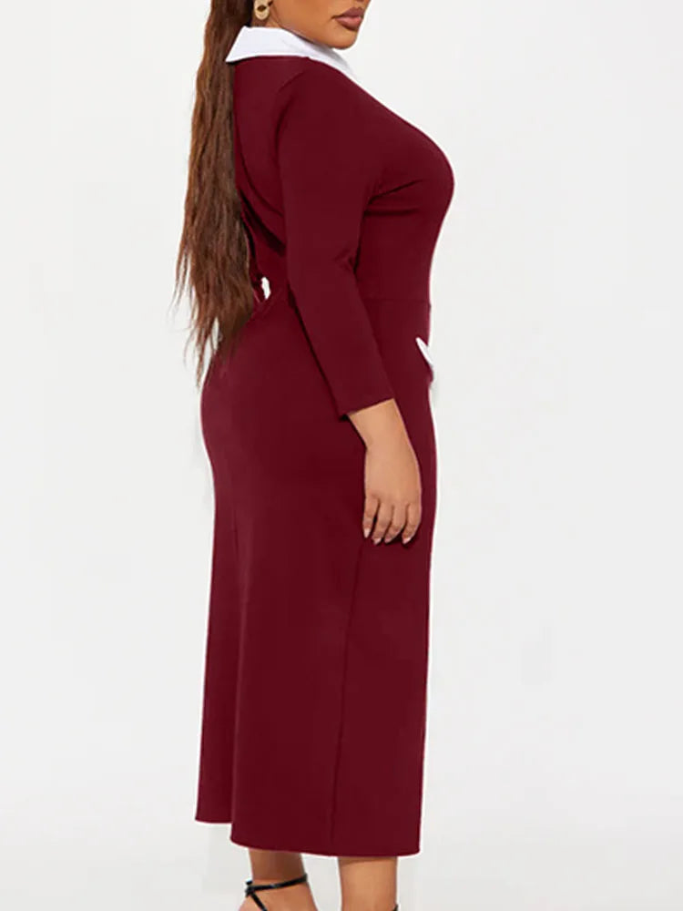 Pencil Dress - Polo Collar Long Sleeve Office