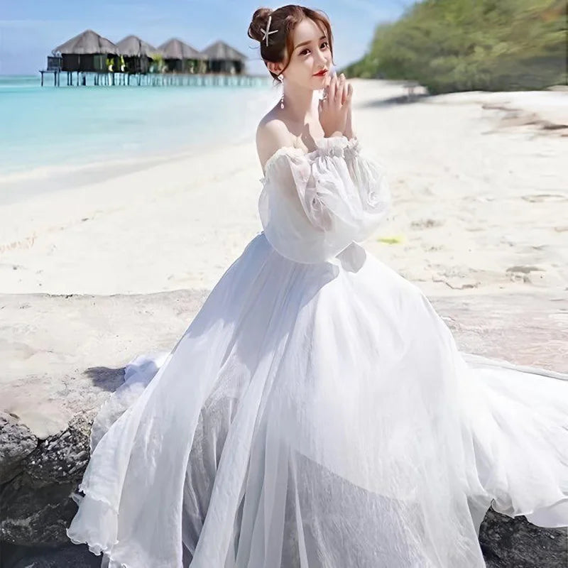 Vestido Blanco Chifón Sublime Volantes Hombros Descubiertos Elegante