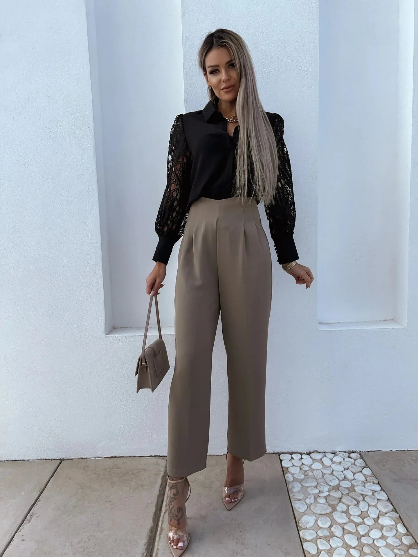 Blusa Encaje Cuello V Manga Linterna Calado Elegante Oficina