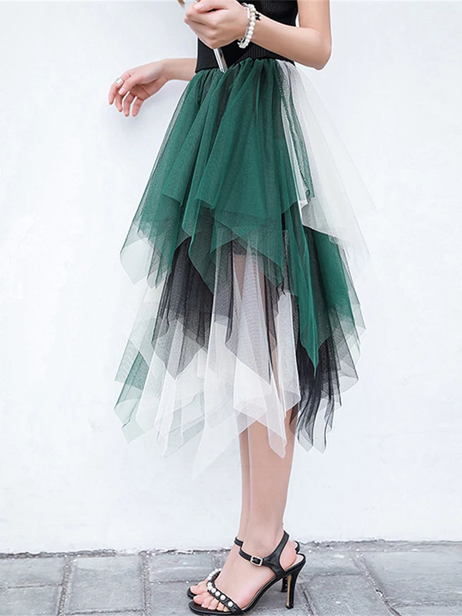 Tulle Midi Skirt - Elastic Waist Contrast Color
