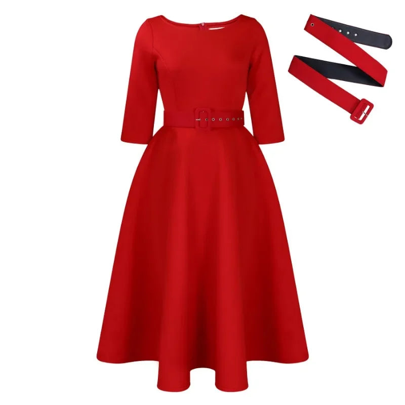 Party Dress - A-Line Belt Three Quarter Sleeve