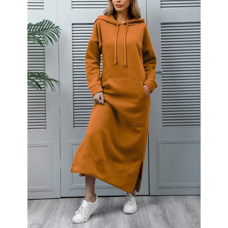 Vestido Sudadera Capucha Suelto Cordón Dobladillo Bolsillos Cálido