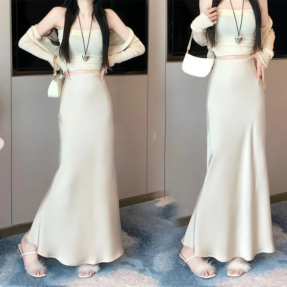 Satin Long Skirt - High Waist Draped Black