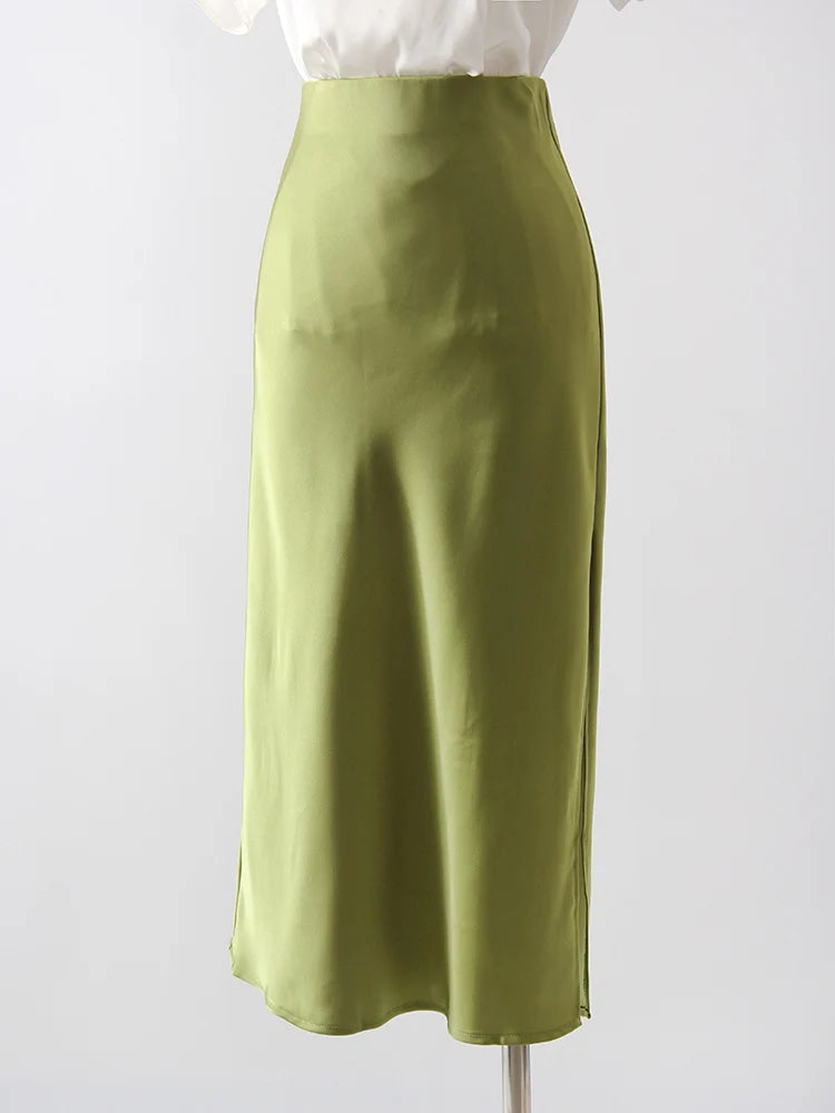 Satin Midi Skirt - A-Line Side Slit