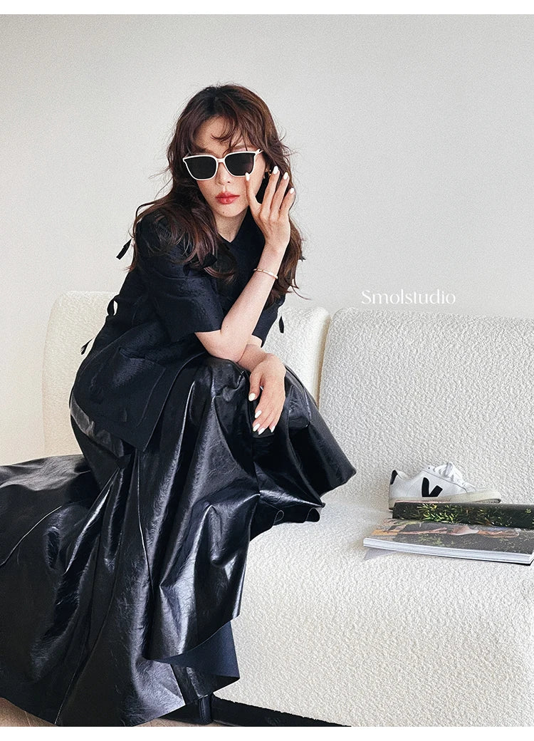 PU Leather Maxi Skirt - High Waist Pleated Black