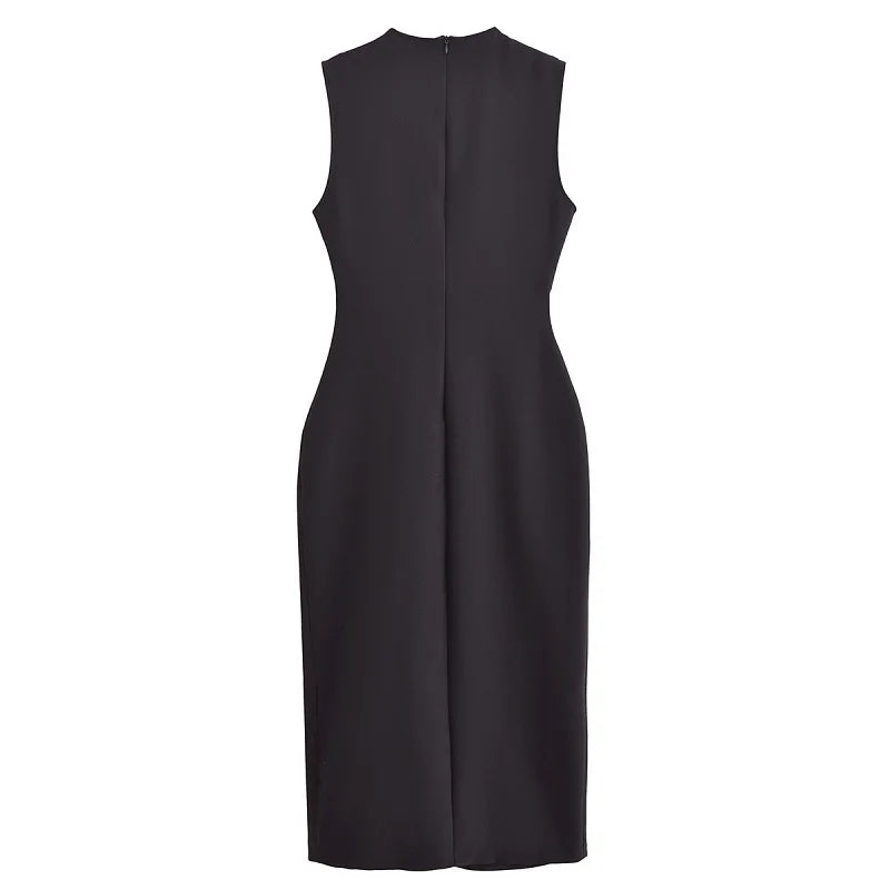 Office Midi Dress - Belt Button Sleeveless Black