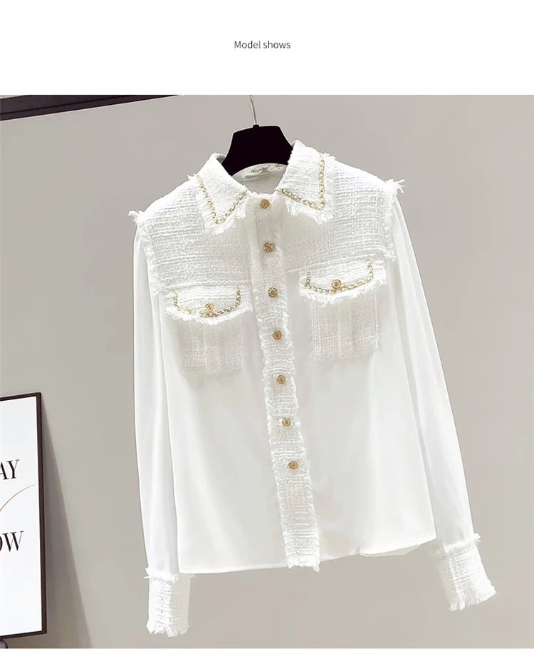 Blusa Tejido Texturado Tweed Patchwork Cuello Vuelto Manga Larga