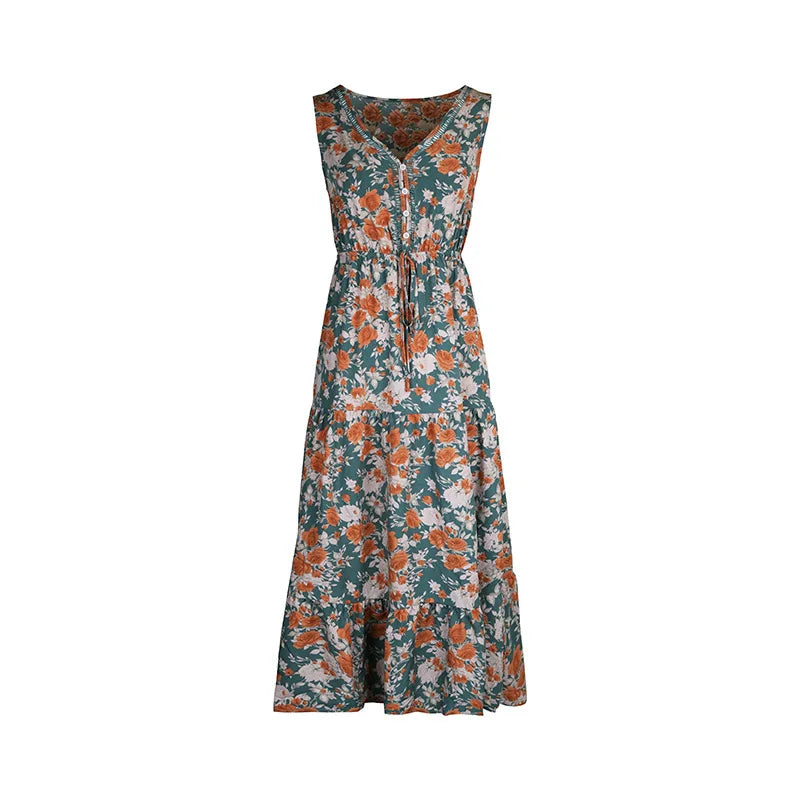 Vestido Largo Casual Floral Escote V Sin Mangas Mujer