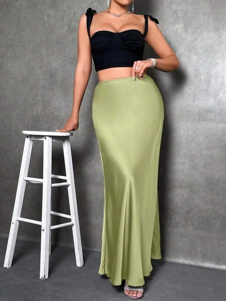 Satin Maxi Skirt - High Waist A-Line Champagne
