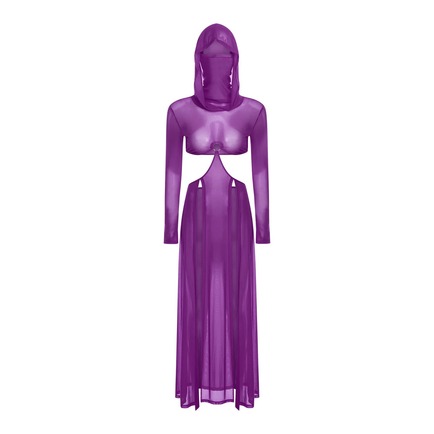 Sheer Maxi Dress - Hooded Face Mask High Slit