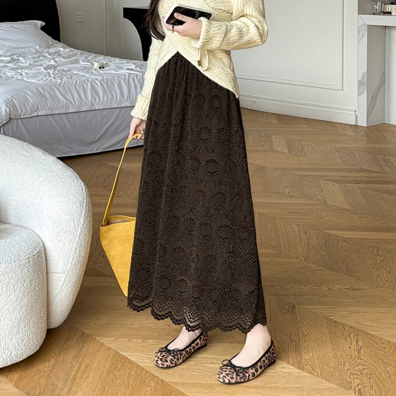 Retro Mid-length Lace Fleece Skirt Women Korean Fashion Fall Winter High-waisted Skirt Female Chic All Match Faldas 2025