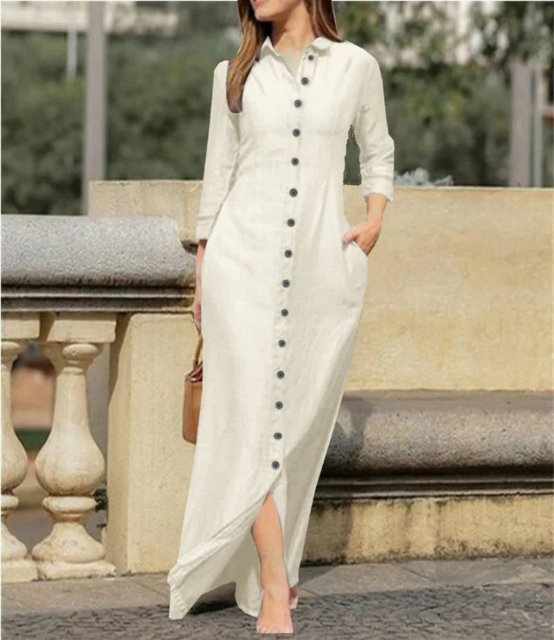 Shirt Dress - Cotton Linen Button Long Sleeve