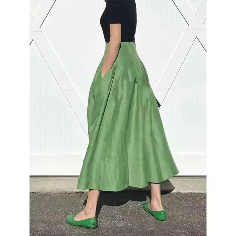 Pleated Long Skirt - High Waist Umbrella Green