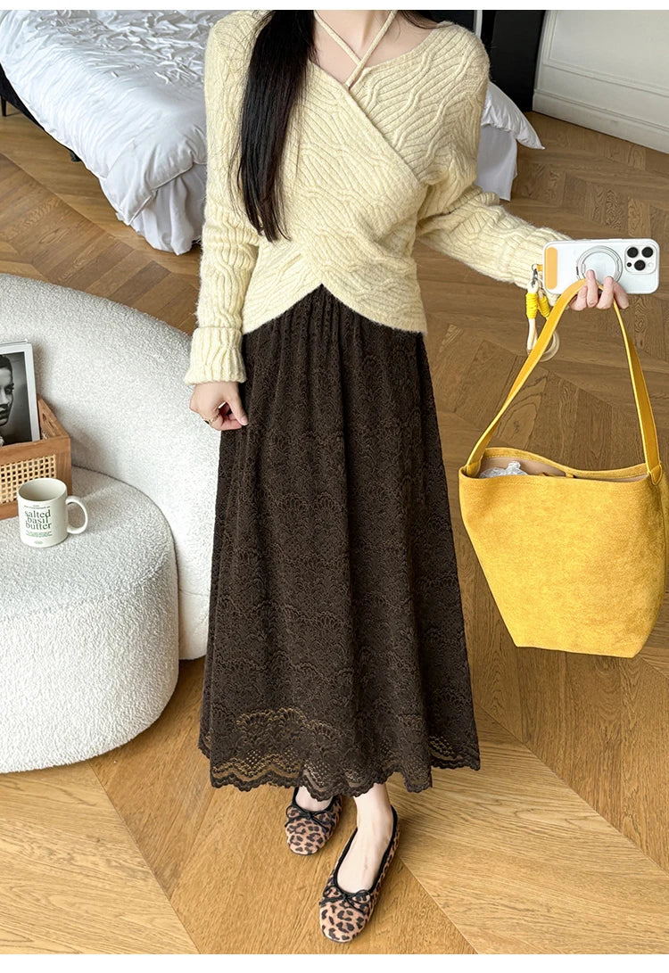 Retro Mid-length Lace Fleece Skirt Women Korean Fashion Fall Winter High-waisted Skirt Female Chic All Match Faldas 2025