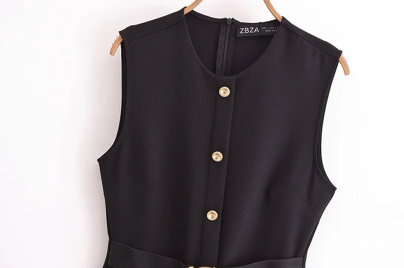 Office Midi Dress - Belt Button Sleeveless Black