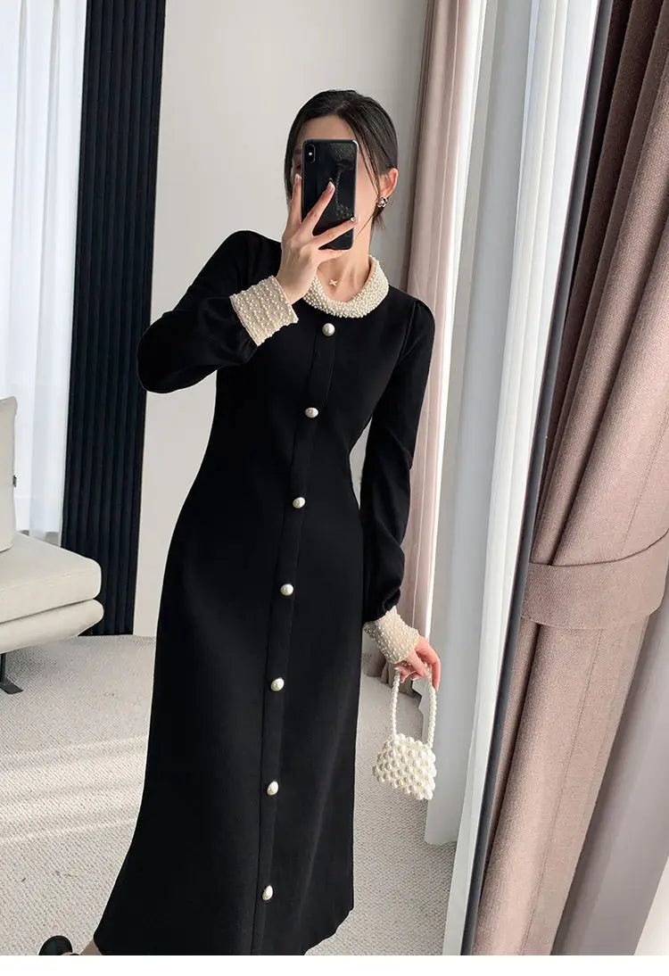 Vestido Elegante Línea A Manga Larga Cuello Redondo Botones Negro