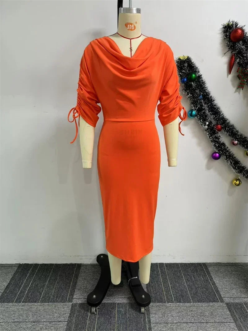 Pencil Midi Dress - Vintage Office Drawstring Ruched