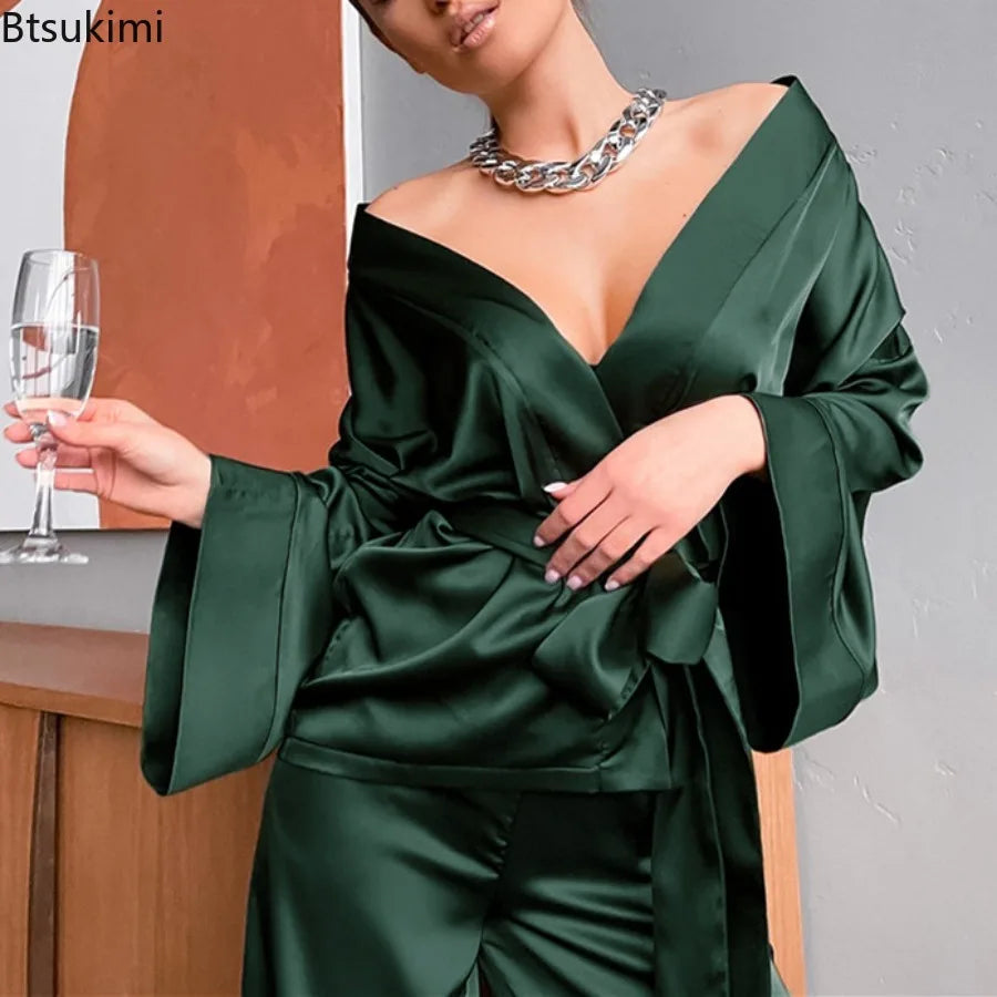 Pijama Dos Piezas Satinado con Cinturón Mujer Estilo Elegante