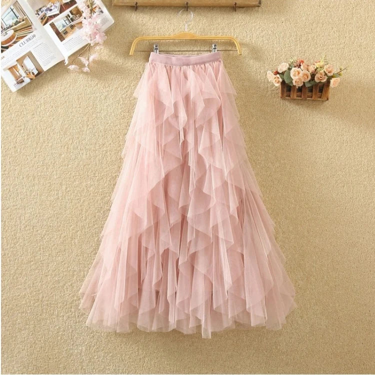 Tutu Tulle Long Maxi Skirt Women Fashion Korean Cute Pink High Waist Pleated Skirt Mesh Female Lady Aesthetic Faldas