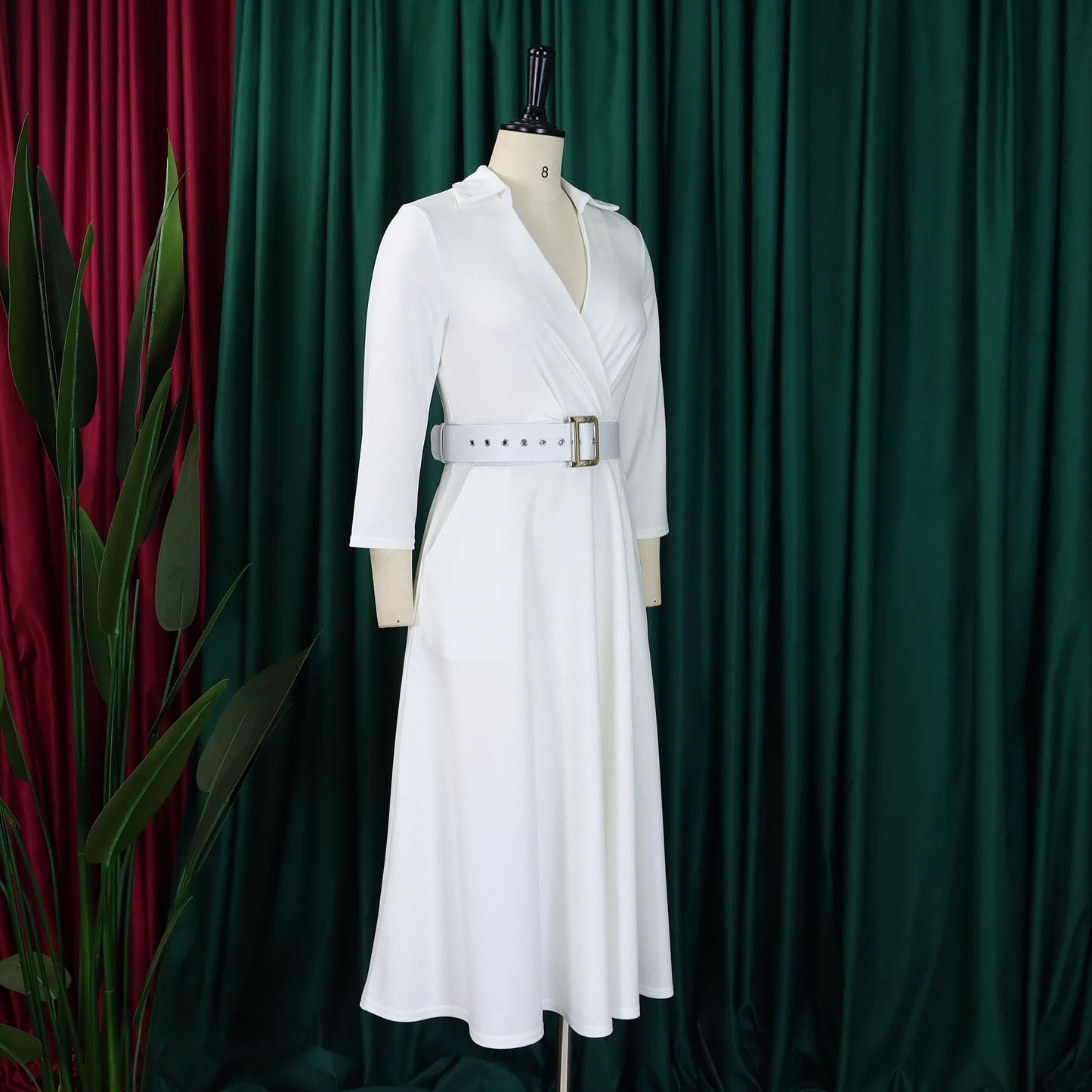 Office Dress - Turn Down Collar Belt Pleated African