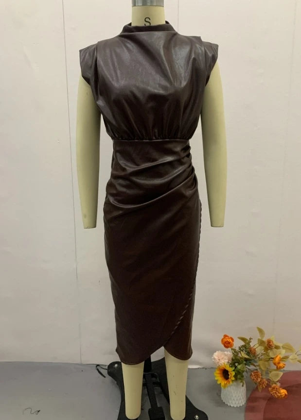 Vestido Midi Cuero PU Mujer Ajustado Encaje Contraste Sexy