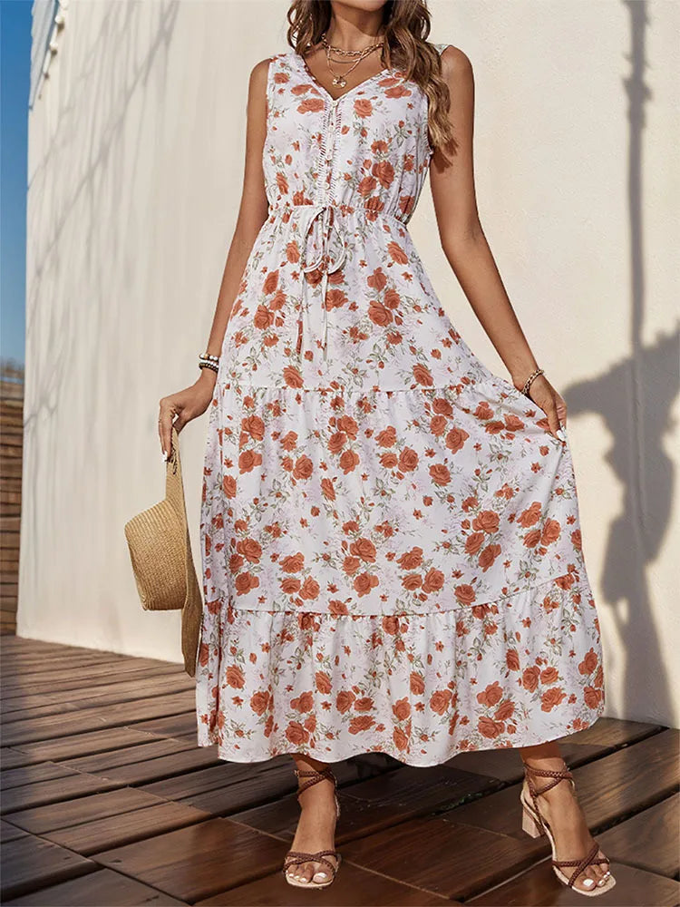 Vestido Largo Casual Floral Escote V Sin Mangas Mujer