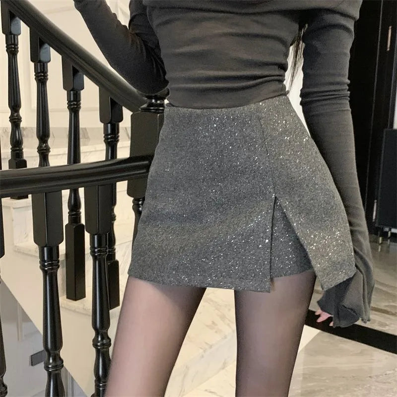 Women's Split-ended High-waisted Skirt Korean Fashion Irregular Diamond-encrusted Woolen Skirt 2025 New Hip-wrapped Skirt