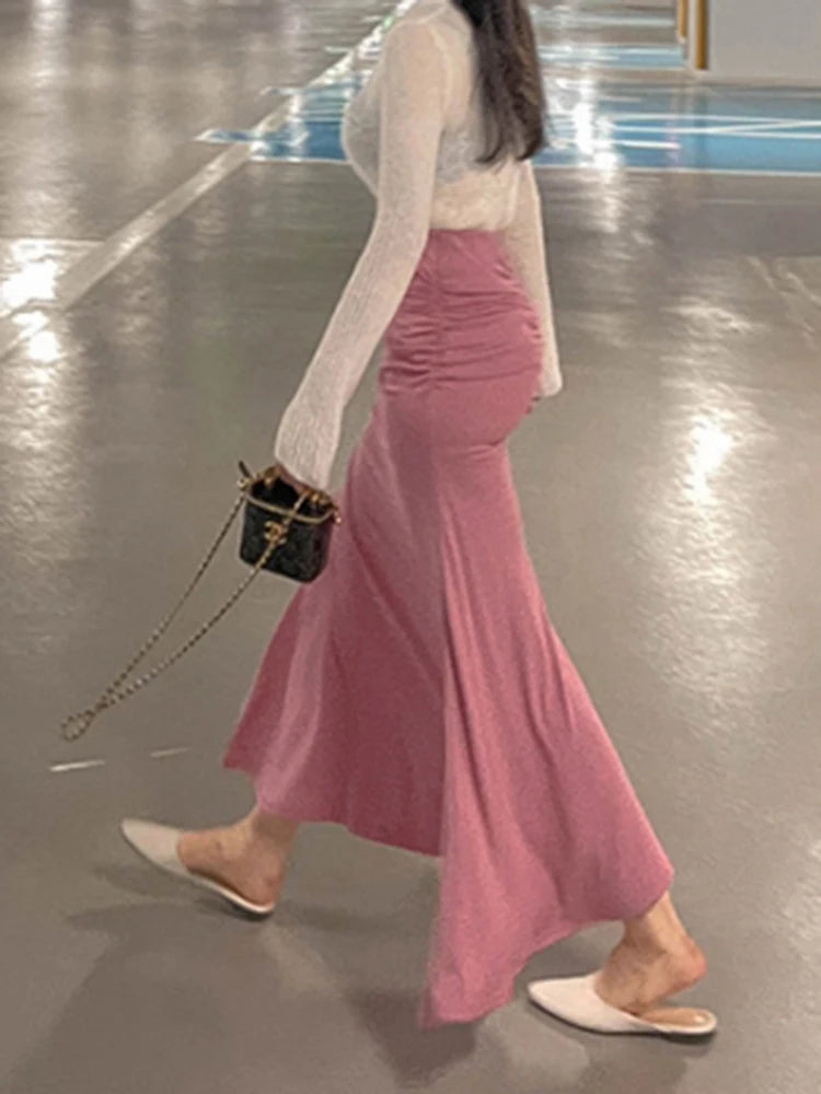 Falda Midi Satén Fruncida Mujer Línea A