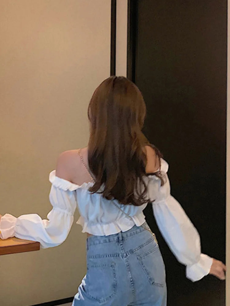 Blusa Crop Top Hombro Descubierto Manga Puff Volantes