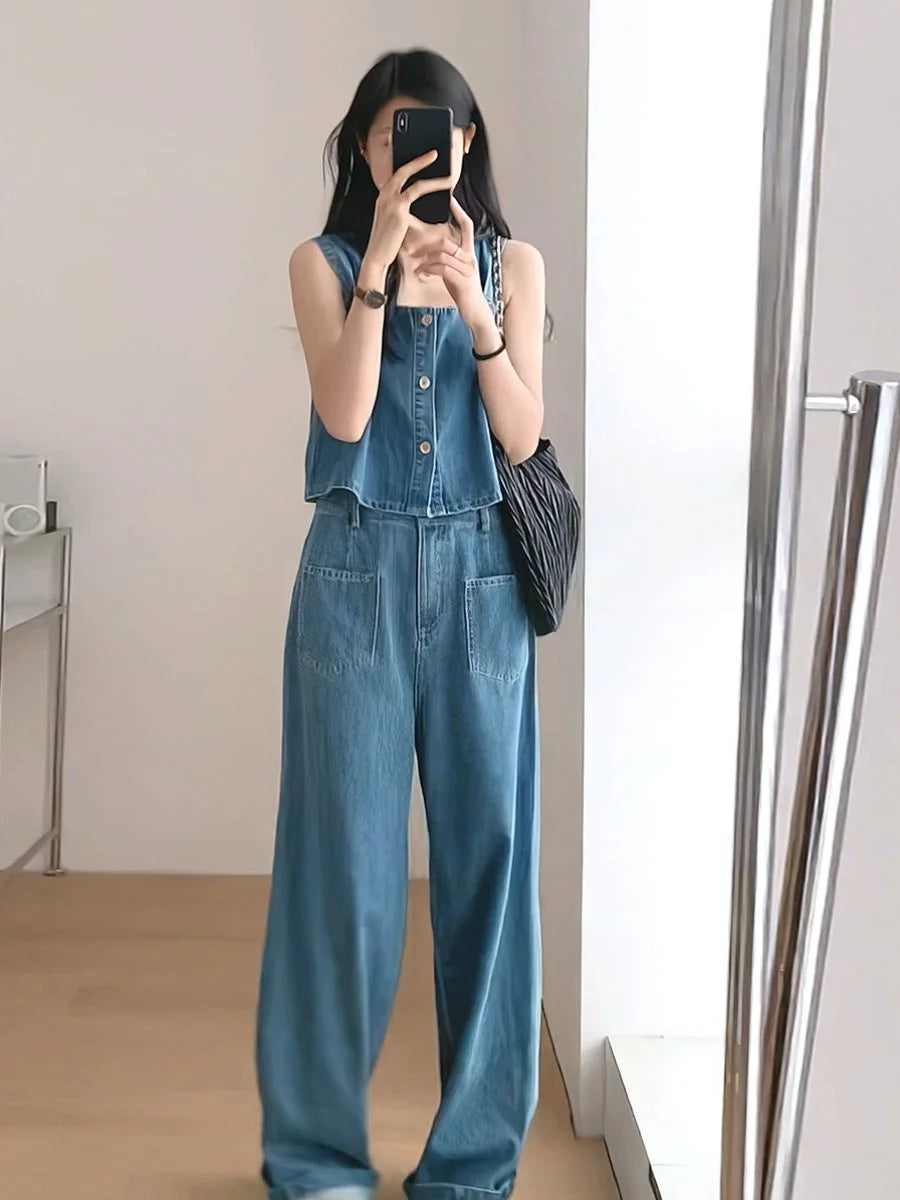 Denim Two Piece Set - Sleeveless Top & Wide Leg Pants