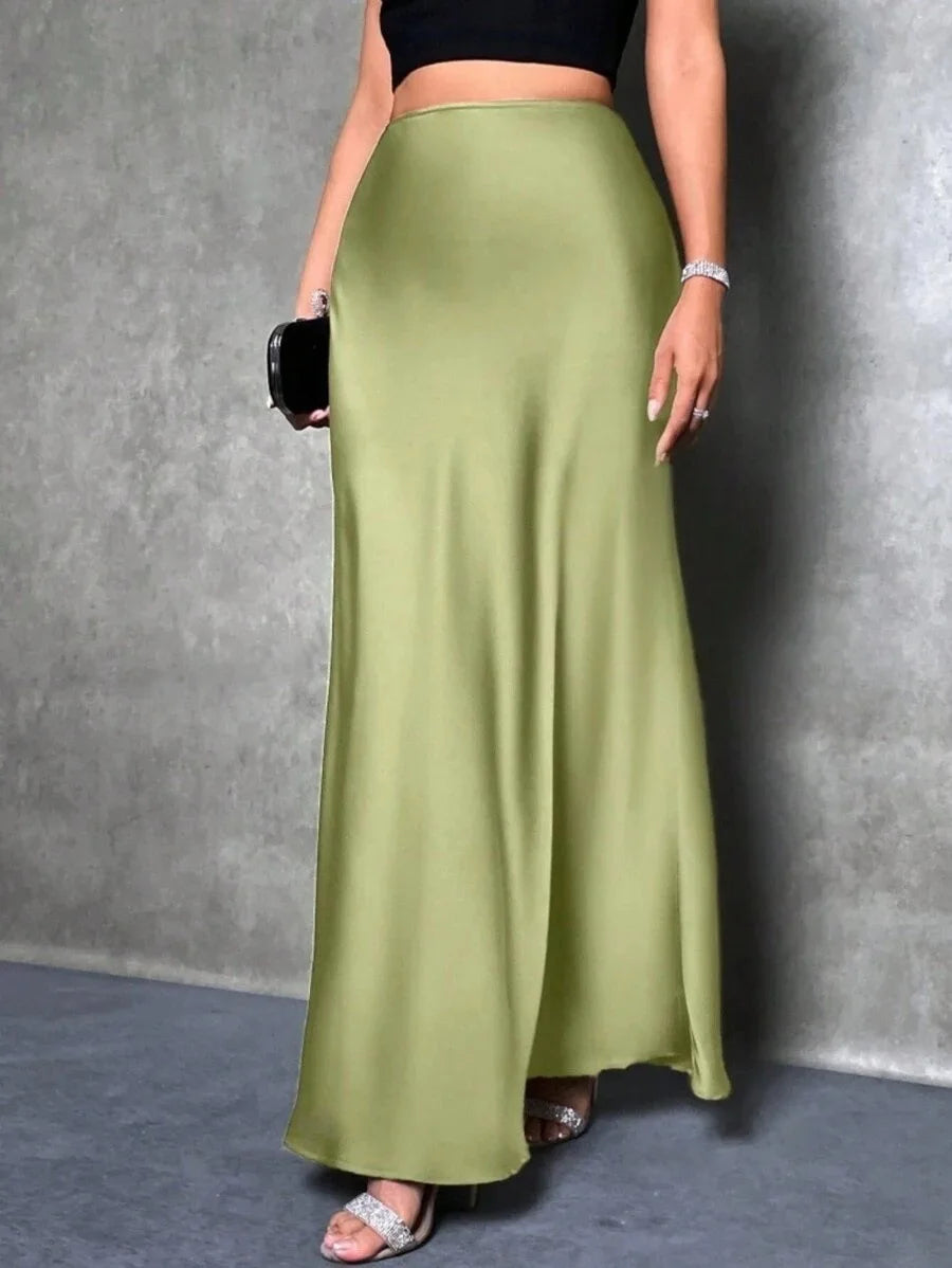 Satin Maxi Skirt - High Waist A-Line Champagne