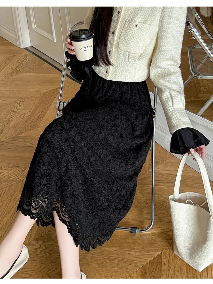 Retro Mid-length Lace Fleece Skirt Women Korean Fashion Fall Winter High-waisted Skirt Female Chic All Match Faldas 2025