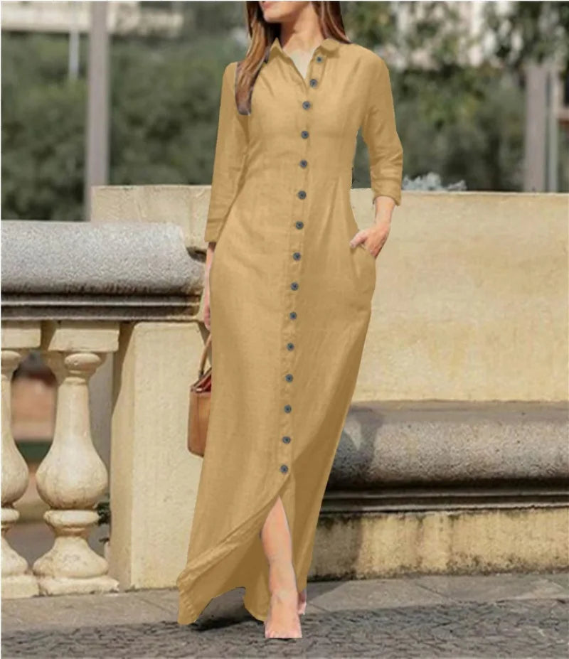 Shirt Dress - Cotton Linen Button Long Sleeve