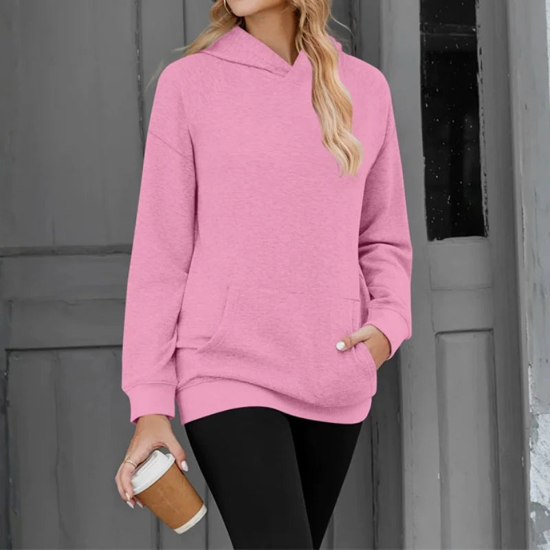 Polerón Mujer Capucha Manga Caída Color Sólido Bolsillos