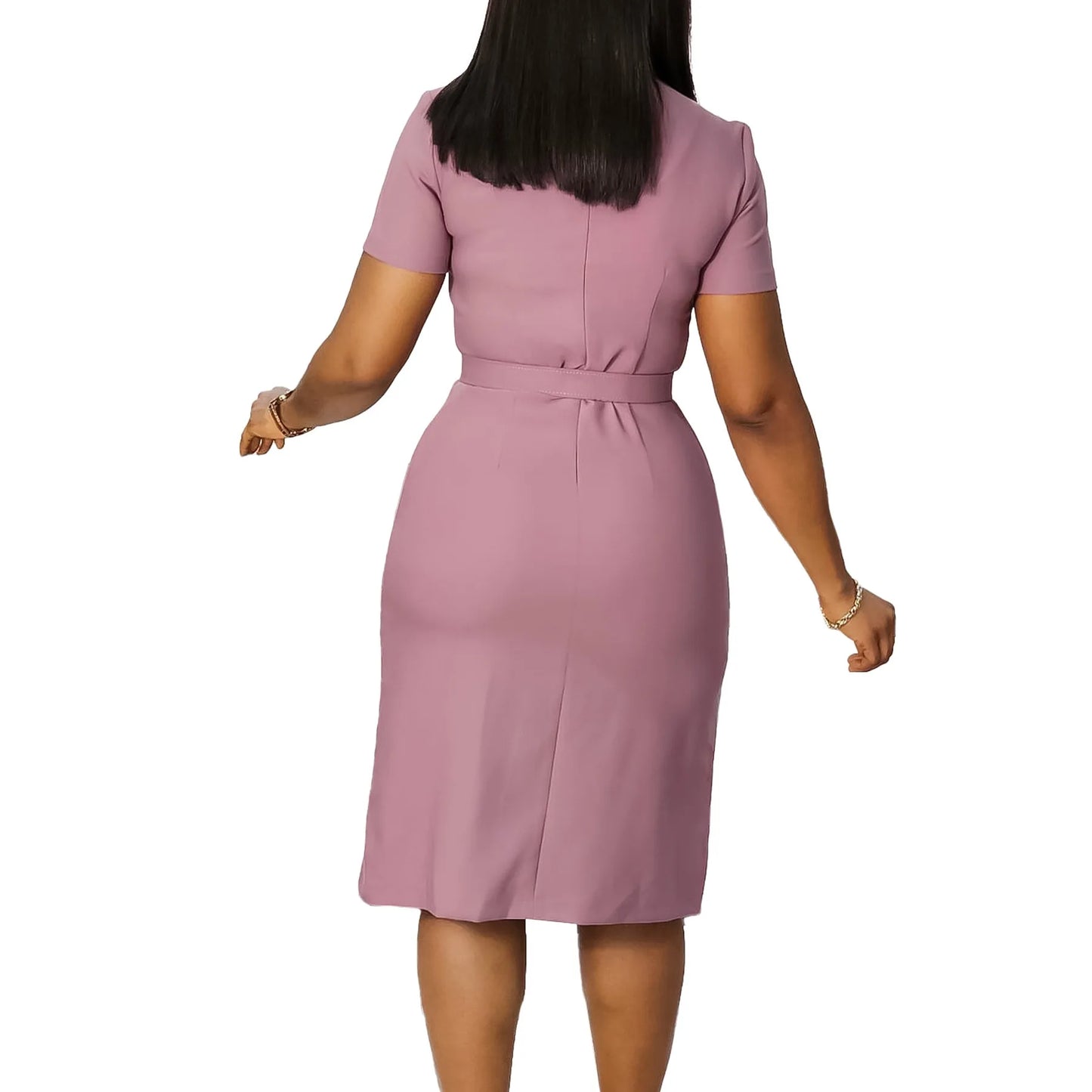 Office Dress - V Neck Belt Pleated Midi