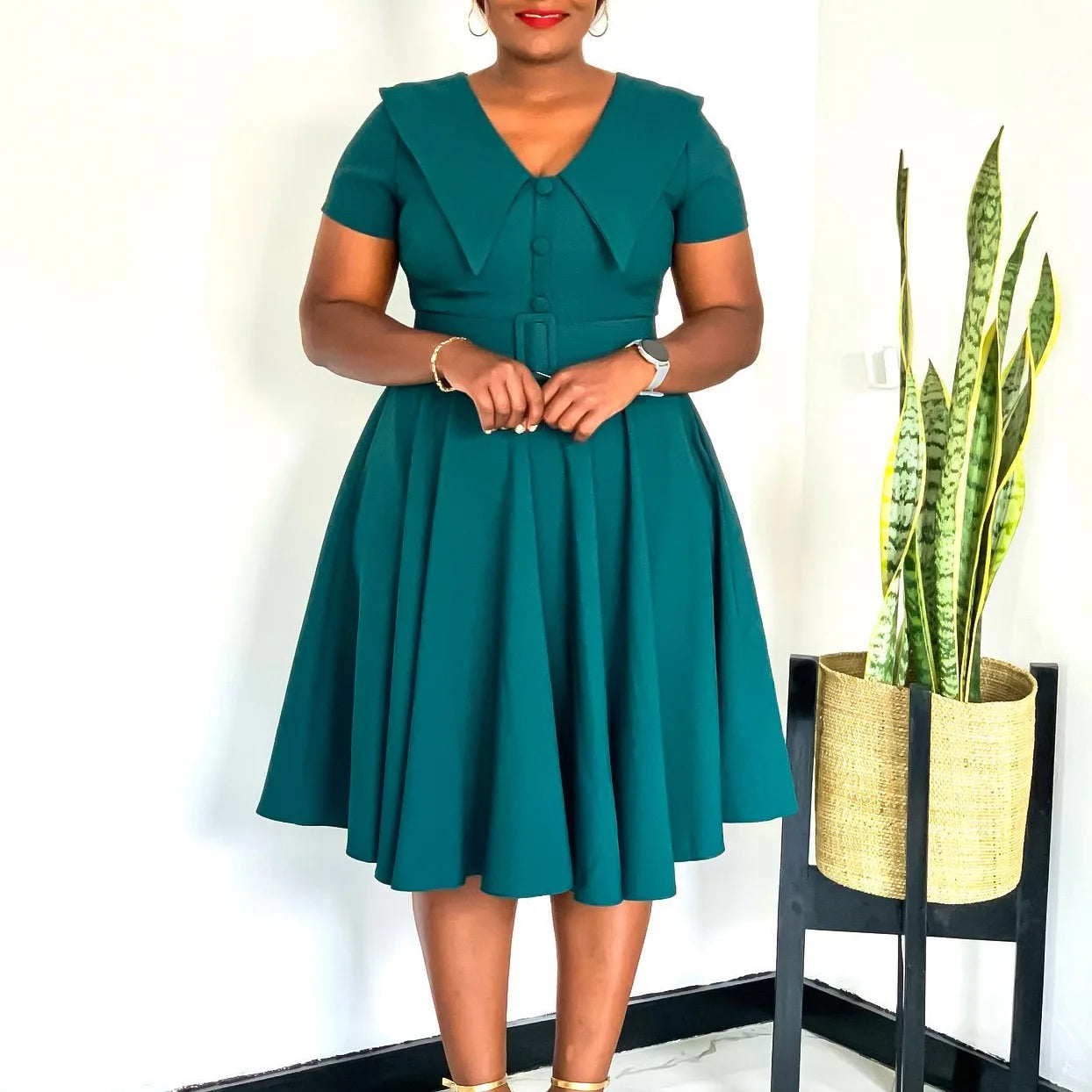 Office Dress - Turn Down Collar Pleated Midi