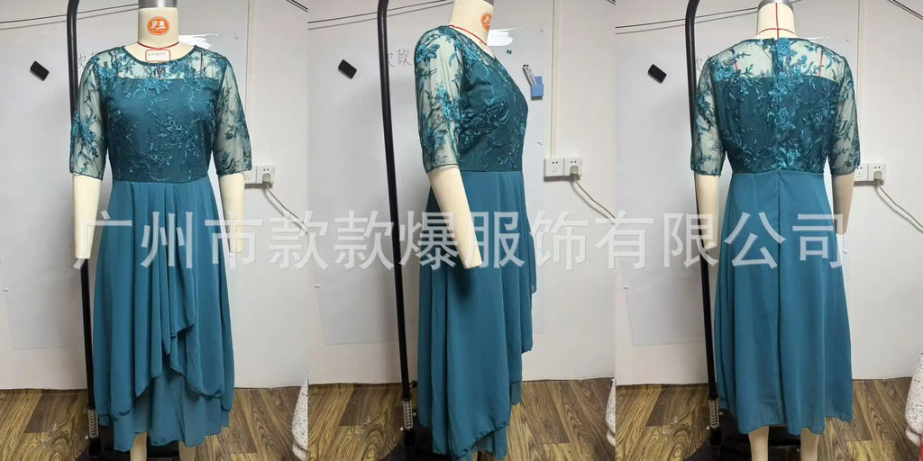 Vestido Midi Elegante Mujer Asimétrico Encaje Chifón Banquete