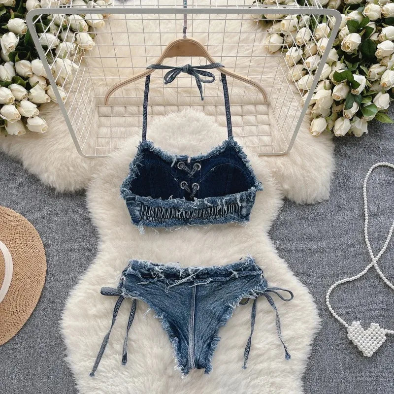 OIINAA Bathing Suit Women Sexy Denim Suits Bikini Set Lace Up Drawstring Beachwear 2025 Solid Summer Vintage Two-pieces Swimwear