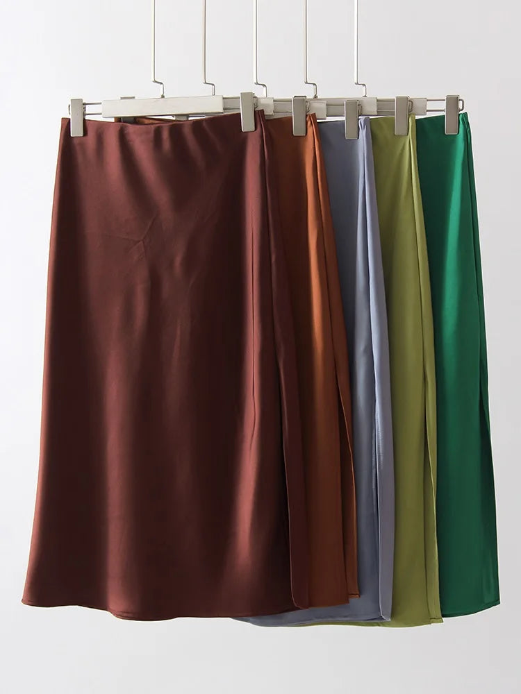 Satin Midi Skirt - A-Line Side Slit