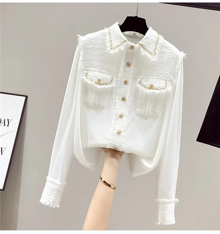 Blusa Tejido Texturado Tweed Patchwork Cuello Vuelto Manga Larga